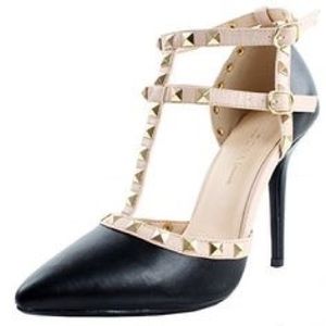 Black Studded T-Strap Pointed Heels.